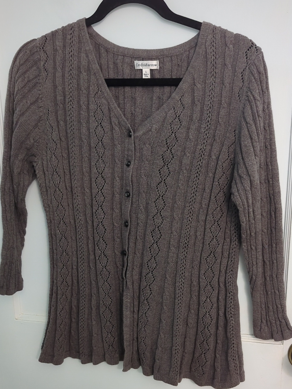 Croft & Barrow Sz L Gray Cable-Knit Button All Cotton Cardigan